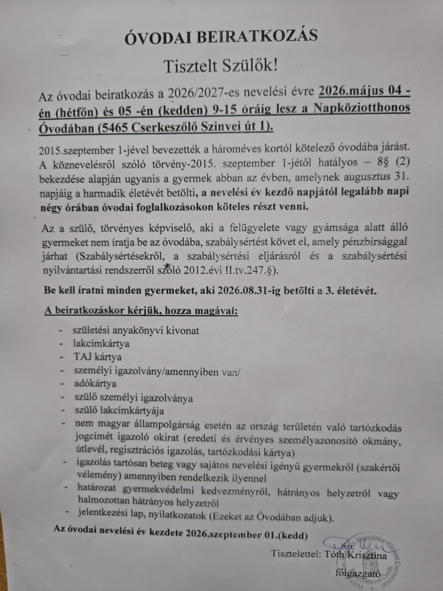 Óvodai beiratkozás