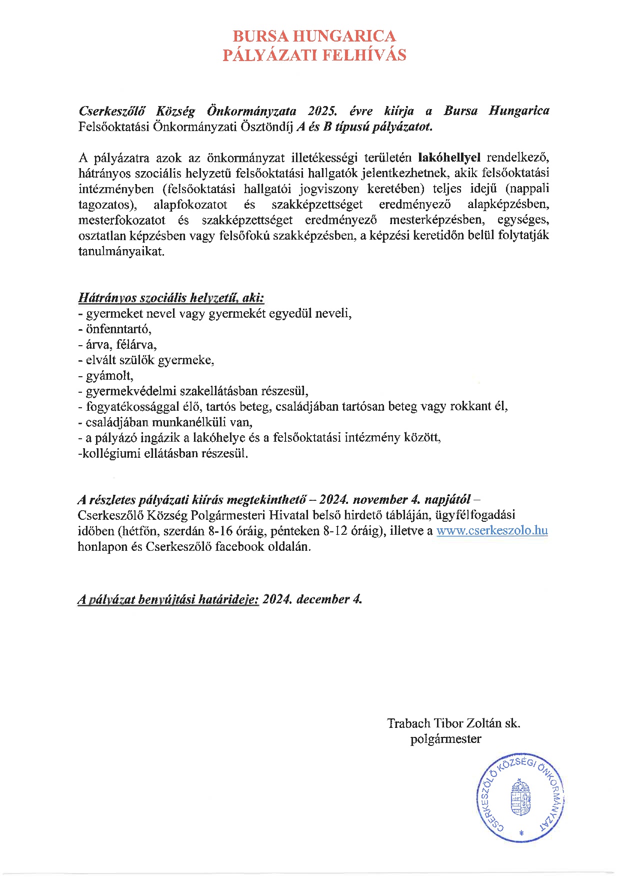 Bursa Hungarica pályázati felhívás 2025