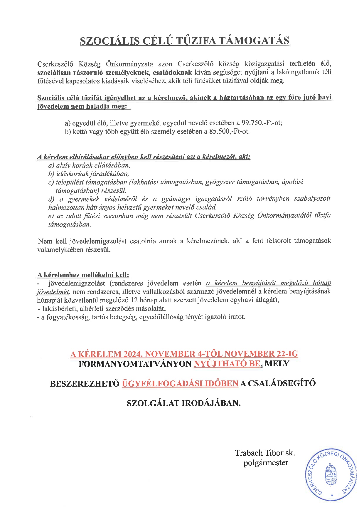 Szociális célú tűzifa támogatás